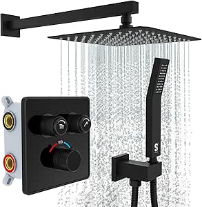 SR SUN RISE 100℉ Thermostatic Shower System,10" Luxury Rainfall Shower Head and High-Pressure Handheld Bathroom Shower Faucet Set,Shower Valve and Trim Kit Included (Matte Black)