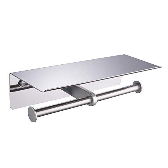Double Toilet Paper Holder, APL SUS304 Stainless Steel Bathroom Paper Tissue Holder with Mobile Phone Storage Shelf Rack (Polished Chrome)