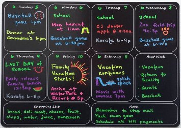 Black Fluorescent Magnetic Weekly Dry Erase Calendar 10" X 14 " Large Writing Area - Full Magnetic Backing