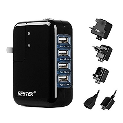 BESTEK USB Charger 35W 4 Port USB Wall Charger and International Travel Adapter and Converter with US UK EU Plug (US & AU 2 In 1),Power Cord Included