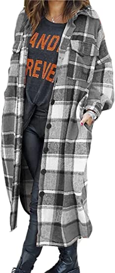 Haellun Womens Long Sleeve Plaid Wool Blend Pea Coat Button Up Shacket Shirt Long Jacket Coat