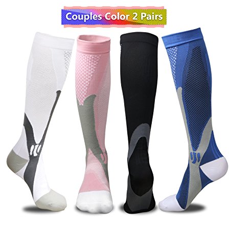 Compression Socks for Men & Women, BULESK Medical Grade Graduated Recovery Stockings for Nurses, Boost Stamina, Varicose, 20-30 Mmhg Fit for Running, Medical, Flight Travel (Couples Color 2 Pairs)