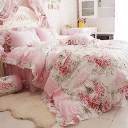 FADFAY Home Textile Pink Rose Floral Print Duvet Cover Bedding Set For Girls 4 Pieces Twin Size