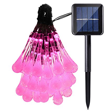 Qedertek Solar Lights Outdoor, 19.2 Ft 8 Modes 30 Water Drop LED, String Fairy Light for Garden Decorations, Fence, Patio, Xmas, Wedding, Party and Holiday (Pink)