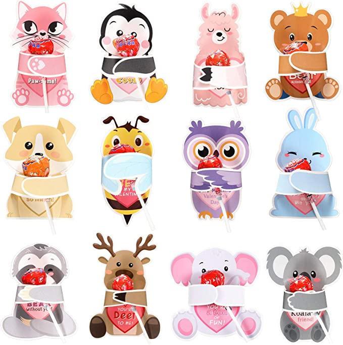 48 Pieces Valentines Day Cards with Animal Designs, Valentine’s Greeting Cards Candy Holder Cards for Kids, Valentine Classroom Exchange Cards Party Favors