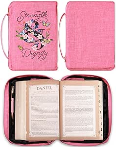 Christian Art Gifts Polyester Canvas Bible Cover for Women w/Zippered Pocket & Pen Storage: Strength & Dignity - Proverbs 31:25 Inspirational Bible Verse Carry Case, Pink Butterfly Floral, Medium