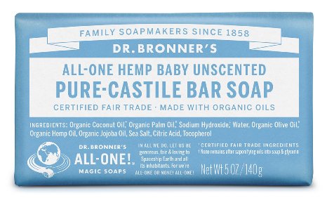 Dr Bronners Pure-Castile Bar Soap All-One Hemp Baby Unscented 5-Ounce Bars Pack of 6