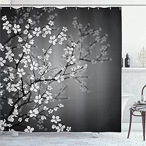 Ambesonne Japanese Shower Curtain, Spring Season Sakura Bloom Design Romantic Cherry Blossom on Blurry Branches, Cloth Fabric Bathroom Decor Set with Hooks, 69" W x 75" L, Dark Grey