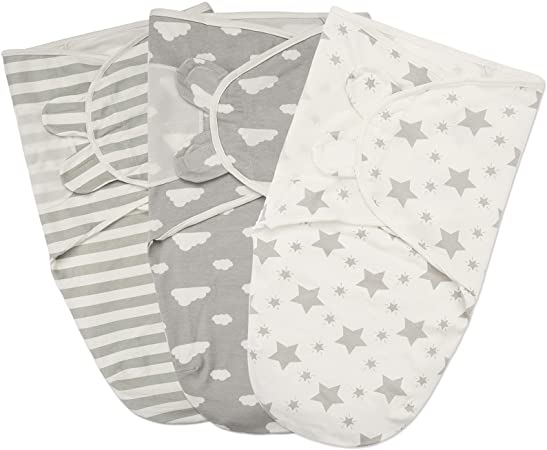 Baby Swaddle Blanket Cotton, 3pcs Unisex Newborn Swaddle Sack with Adjustable Wrap(Stars&Cloud&Stripe, 0-3 Months)