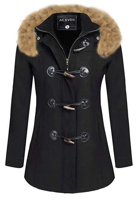 ACEVOG Women's Wool Coat Fur Trim Hooded Parka Jacket Coat Outwear