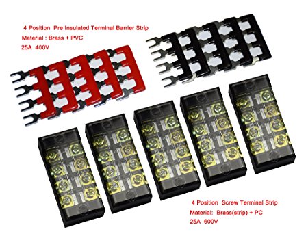 5 Pcs Dual Row 4 Position Screw Terminal Strip 600V 25A   400V 25A 4 Postions Pre Insulated Terminal Barrier Strip Red /Black 10 Pcs