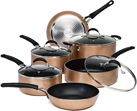Ecolution Impressions Cookware Set, Frying Pots and Pans with Premium Multilayered Non-Stick, Dishwasher Safe, Riveted Stainless Steel Handles, Glass Vented Lid, 10 Piece, Copper