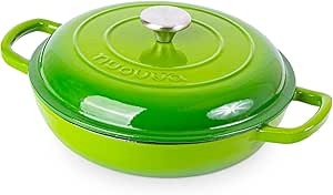 Shallow Cast Iron Casserole with Lid – Non Stick Dutch Oven Pot, Oven Safe up to 500° F – Sturdy Ovenproof Stockpot Cookware – Enamelled Cooking Pot – Green, 2.3-Quart, 26cm – by Nuovva