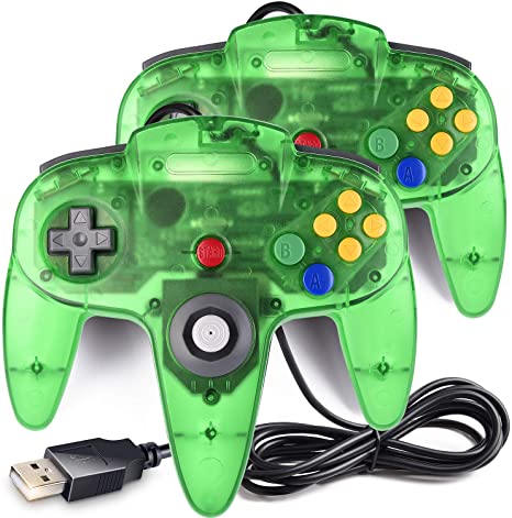 [USB Version] 2 Pack Classic N64 Controller, iNNEXT N64 Wired USB PC Game pad Joystick, N64 Bit USB Wired Game Stick for Windows PC MAC Linux Raspberry Pi 3 Genesis Higan (Green)