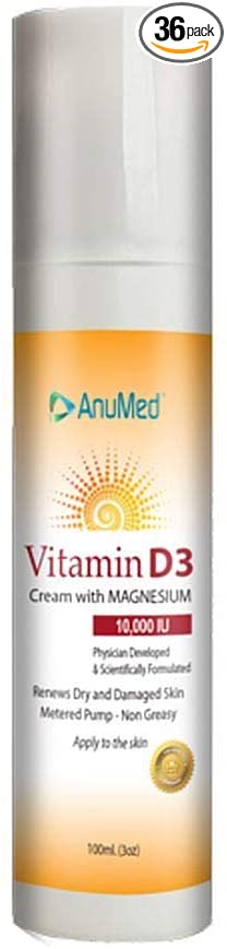 AnuMed Vitamin D3 Cream with Magnesium 10,000 IU | Healthy Skin Care & Face Cream | Maximum Calcium Absorption | Non-Greasy Moisturizer for Dry Skin - 3 Ounces