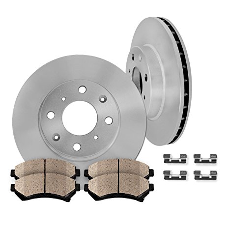 FRONT 255 mm Premium OE 4 Lug [2] Brake Disc Rotors   [4] Ceramic Brake Pads   Clips