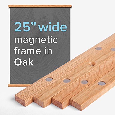 25” Wide Magnetic Poster Frame Hanger in Oak – Solid Wood and Magnets Strong Enough to Hang ANY Length
