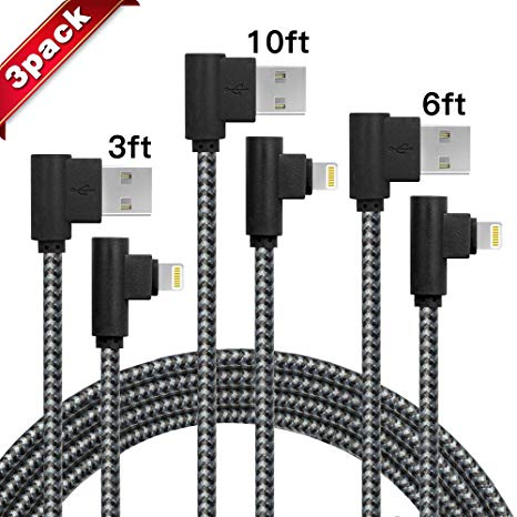 3-Pack(3-6-10FT) Right Angle iPhone Charger 90 Degree Data Cable Nylon Braided Compatible with iPhone Xs/Max/XS/XR/7/7Plus/X/8/8Plus/6S/6 Plus/SE(Black Gray)