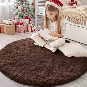 OLANLY Coffee Round Rugs for Bedroom - Machine Washable, 4x4 Feet Circle Area Rugs for Living Room, Soft and Fluffy Shaggy Carpet for Teen Girls and Boys, Dorms, Nursery Rooms, Home Decor Aesthetic