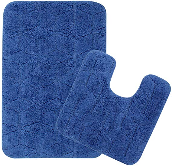 Saral Home Cotton Anti Slip Bath Mat with Contour Set (50X80cm, Blue)