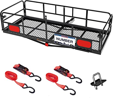 KING BIRD Folding 60" x 24" x 14" Hitch Mount Cargo Carrier Fits 2" Receiver, 500 Lbs Capacity Cargo Basket with License Plate Device, Hitch Stabilizer and Ratchet Straps