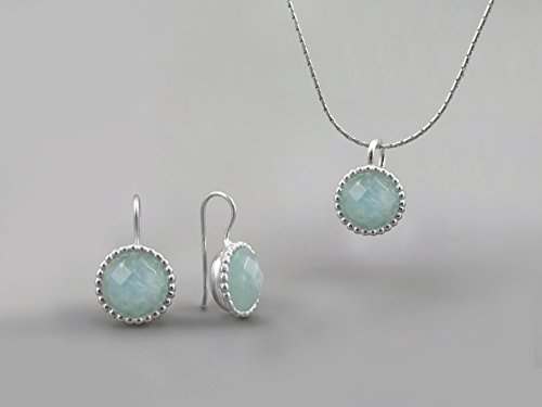 10mm Blue Green Aquamarine Gemstone Round Jewelry Set For Women .925 Sterling Silver March Birthstone Jewelry Aquamarine Necklace Pendant Earring Set Elegant Gift for Women Aquamarine Jewelry For Wife