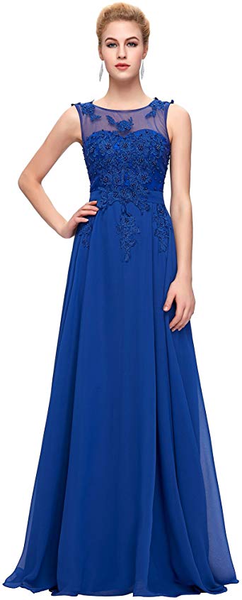 GRACE KARIN Chiffon V Back Evening Dresses Prom Gown with Beads Appliques