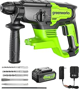 Greenworks 24V Lithium-ion Brushless SDS 2J Heavy Duty Rotary Hammer Drill, 1-Inch Cordless Hammer Drill for Concrete, 4-Mode Variable Speed, 4AH (USB) Battery & Charger Included