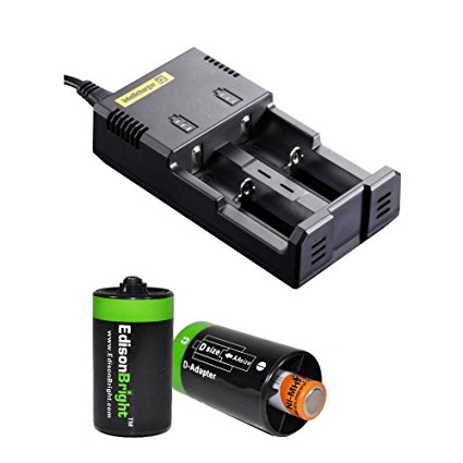 NITECORE i2 Intellicharge universal smart battery Charger (Ver. 2) For 18650 RCR123 AA 18500 14500 18350 16340 18700 with 2 x EdisonBright AA to D type battery spacer/converters (2 Bay version of i4)