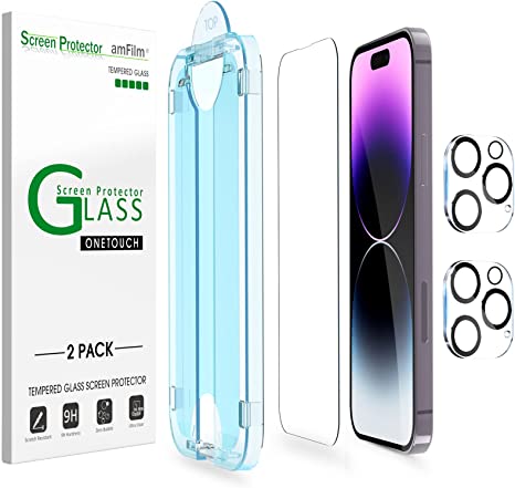 [2 2 Pack] amFilm OneTouch for iPhone 14 Pro 6.1" Glass Screen Protector with Camera Lens Protector. Easiest to Installation, Bubble Free and Full Coverage Case Friendly