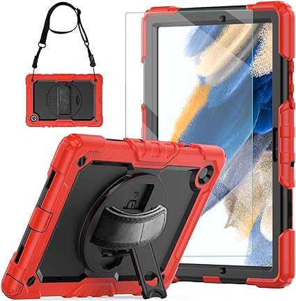 Samsung Galaxy Tab A8 10.5 Case 2022 SM-X200/X205/X207 with Tempered Glass Screen Protector |Blosomeet Hand Strap Case for Galaxy Tab A8 10.5 Inch with Pen Holder Kickstand &Shoulder Strap,Red