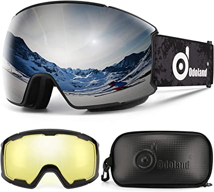 Odoland Magnetic Interchangeable Ski Goggles Set with 2 Lens, Anti-Fog 100%UV Protection Snowboard Snow Goggles for Men Women