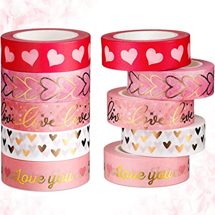 5 Roll Washi Tape Set Gold Heart Washi Tape Decorative Sticker Paper Wedding Masking Tape for DIY Crafts Scrapbook, Wrapping, Valentine's Day Wedding Party Decoration