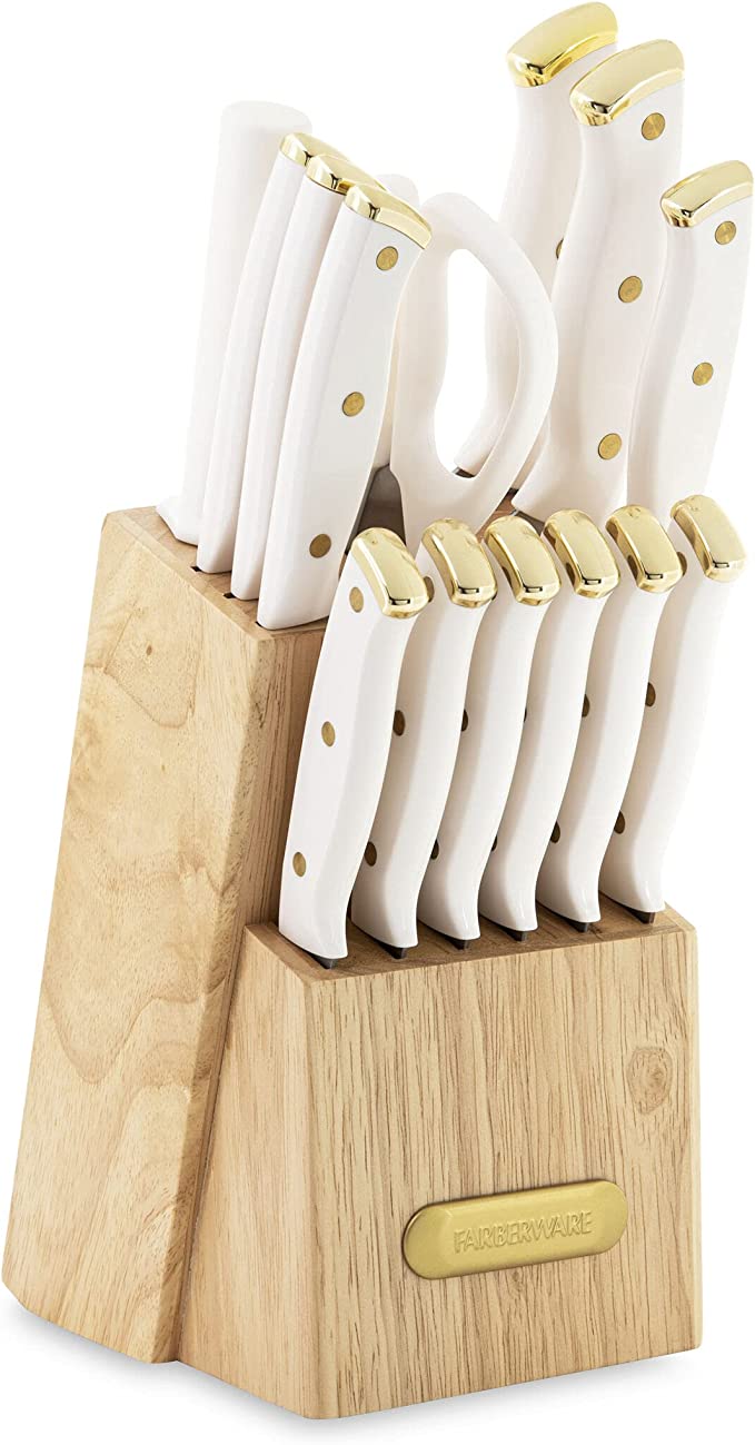 Farberware 15-Piece Triple Riveted Knife Block Set, High Carbon-Stainless Steel Kitchen Knives, Razor-Sharp Knife Set with Wood Block, White and Gold