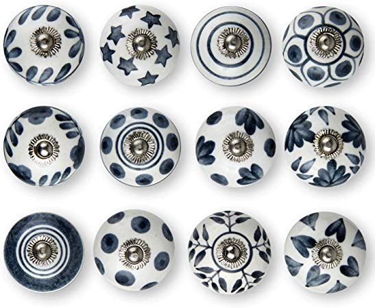 Set of 12 Handmade Knobs | 3 Color Design Ceramic Cabinet Knobs | Drawer Pulls Ideal for Any Home, Kitchen or Office | These Drawer Knobs Comes with 1 Wrench, Screw Cap (Grey)