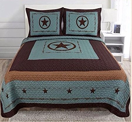 3-piece Western Lone Star Barb Wire Cabin / Lodge Quilt Bedspread Coverlet Set King / Cal King Size Turquoise (KIng)