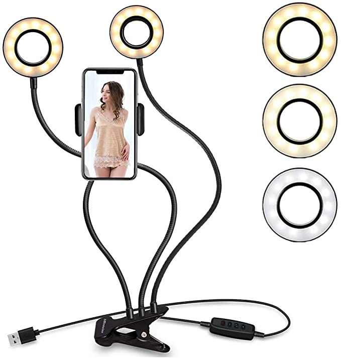 Selfie Ring Light for Phone,Double LED Ring Light with Stand and Phone Holder for Live Stream/Makeup,Small Ring Light with 3 Light Modes and 10 Brightness Levels