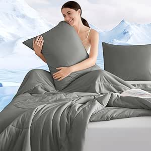 PHF Cooling Comforter Set King Size, 3PCS Soft Breathable Lightweight Summer Bedding Set for Hot Sleepers, Silk Smooth Double-Side Cooling Bed Set with 1 Comforter and 2 Pillowcases, Charcoal