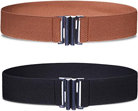 AWAYTR Wide Stretchy Belts for Women - Retro Elastic Dress Belt with Metal Buckle, 2 pieces (27"-32",Black/Brown-2)