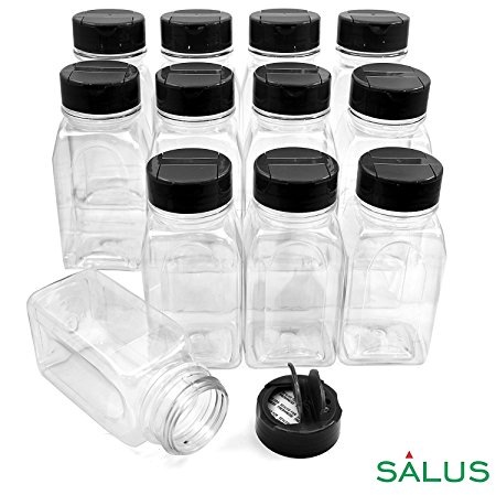SALUSWARE 12 Pack 9.5 Oz Plastic Spice Jars Bottles Containers with Black Cap