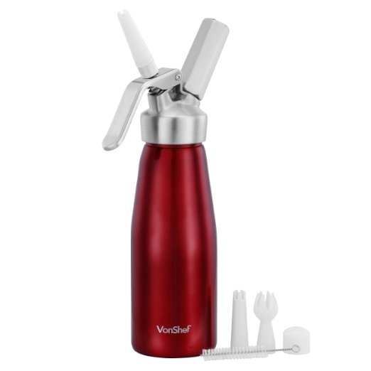 VonShef 1 Pint Premium Whipped Cream Dispenser with 3 Extra Nozzles and Cleaning Brush - Red