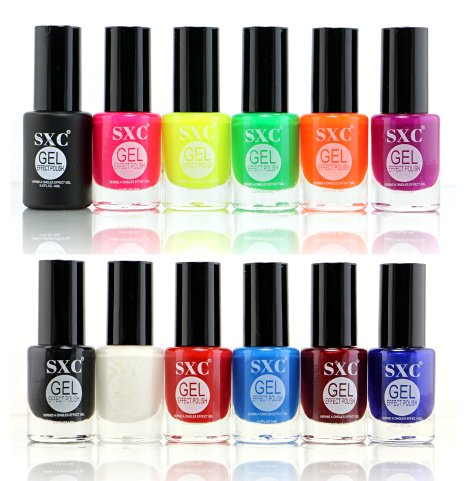 SXC Cosmetic 12 Gel Effect Nail Lacquer, No UV/LED Light Needed, Neon Bright Collection, Professional Quality & Quick Dry,14ml/0.47 Fluid Ounce Each, Perfect Gift For Holiday