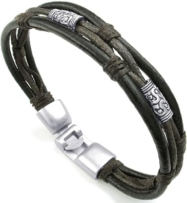 KONOV Mens Womens Leather Rope Bracelet, Tribal Braided Cuff Bangle, Brown Black Silver