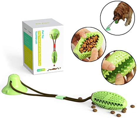 ChokGift Suction Cup Dog Toy with Rope Pet Molar Bite Multi-Function Teeth Cleaning Chew Ball Self-Playing Tug of War, Treat Dispensing Toothbrush for Small & Medium Puppy, Dental Care, Rubber, Green