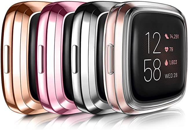 [4-Pack] Case Compatible with Fitbit Versa 2 Screen Protector (NOT for Versa/Versa Lite) All-Around Cover Anti-Scratch Bumper for Versa 2 Smartwatch Only (4 Pack (Rose Gold Rose Pink Charcoal Clear))