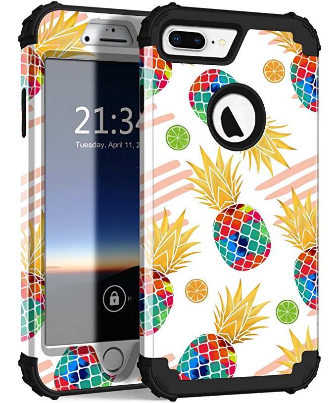 iPhone 8 Plus Case, iPhone 7 Plus Case, Hocase Heavy Duty Shockproof Protection Hard Plastic Silicone Rubber Hybrid Protective Phone Case for iPhone 8 Plus/7 Plus - Gloss Watercolor Pineapple/Black