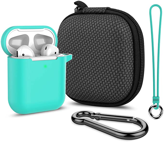 Airpods Case, Music tracker Thicken Protective Airpods 2 Cover Soft Silicone Earbuds Case [Front LED Visible] with Carabiner/Anti-Lost Lanyard/EVA Storage Bag for Apple Airpods Gen 2 (Green)