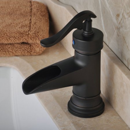 Hiendure® Waterfall Spout Oil Rubbed Bronze Bathroom Sink Faucet Deck Mount One Hole Mixer Tap