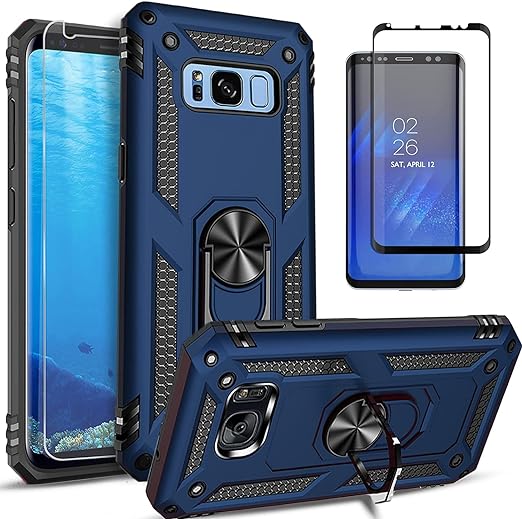 STARSHOP Samsung Galaxy S8 Phone Cases, with [Tempered Glass Screen Protector Included], Military Grade Shockproof Dual Layers Protective Phone Cover with Metal Ring Kickstand - Navy