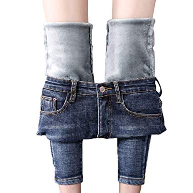 heipeiwa Womens Winter Jeans High Waist Skinny Pants Fleece Lined Elastic Waist Jeggings